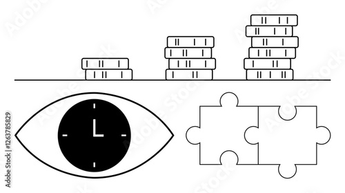 Stacked coins depict financial growth, clock in an eye signifies time focus, and puzzle pieces represent problem-solving. Ideal for business, productivity, finance, strategy, focus, time abstract