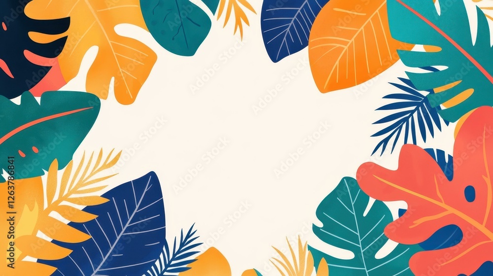 Fototapeta premium Bright and bold summer abstract background featuring tropical leaves, perfect for eyecatching social media posts and banners.