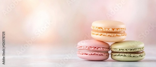 Sweet macarons on table, soft background. Food blog, recipe