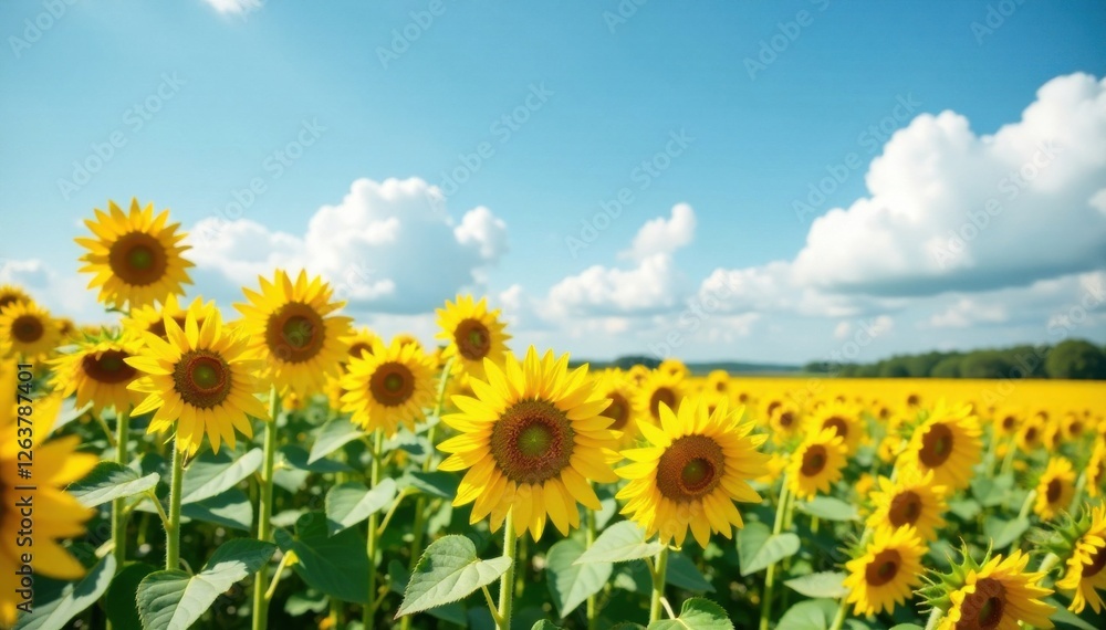Fototapeta premium A field of sunflowers swaying in the wind, earthy, landscape, wildflowers