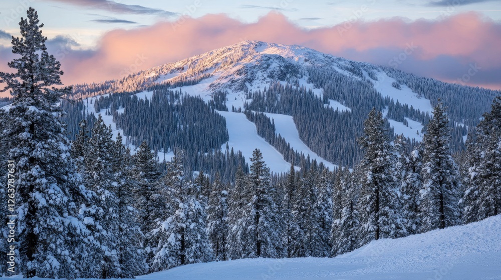 A mountain peak covered in fresh snow, surrounded by clouds at sunrise. A mountain peak covered in fresh snow, surrounded by clouds at sunrise.