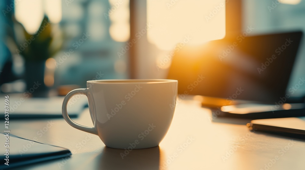 White coffee cup on desk at sunrise White coffee cup on desk at sunrise