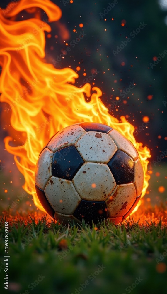 Fototapeta premium A football is engulfed in a blaze on a hot day, fire, ball, flames