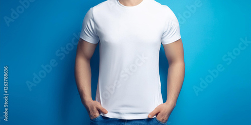 白無地のtシャツを着た人のモックアップ素材。ブルーの背景。