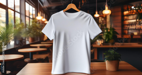 白無地のtシャツのモックアップ素材。カフェの背景。
