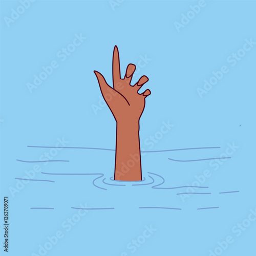 A Black man is drowning, extending his hand above the water as a call for help. The illustration represents danger, struggle, and the importance of assistance, also serving as a metaphor for financial