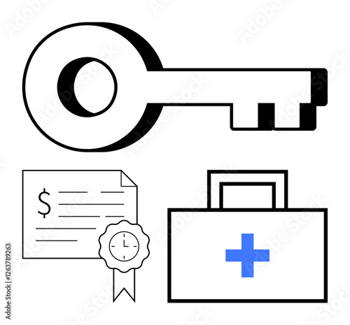 Large key, certificate with dollar sign and time-sealed stamp, and a medical kit marked with a cross. Ideal for security, finance, healthcare, contracts, certification, protection and accessibility