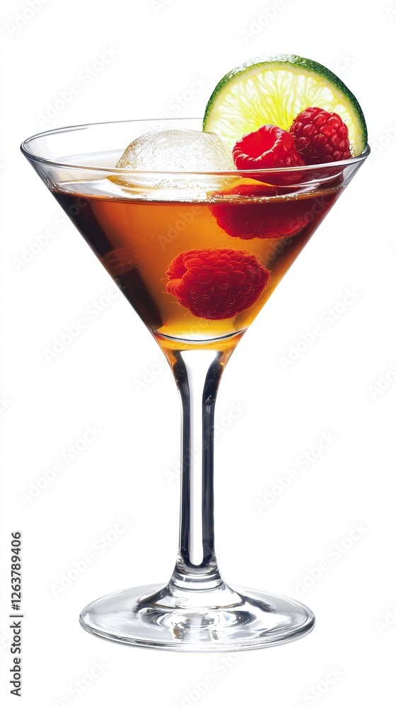 Cocktail served in a martini glass garnished with raspberries and lime slice Cocktail served in a martini glass garnished with raspberries and lime slice