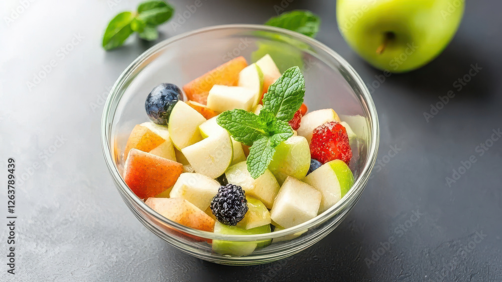 Fresh fruit salad with diced apples, berries, and mint leaves Fresh fruit salad with diced apples, berries, and mint leaves