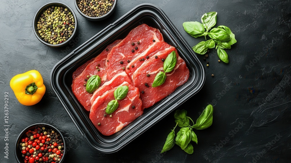 Fresh Raw Meat with Green Basil and Colorful Spices on Black Surface Fresh Raw Meat with Green Basil and Colorful Spices on Black Surface