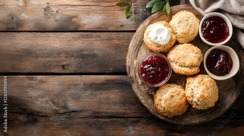 Freshly Baked Scones with Jam and Cream on Rustic Wooden Table Freshly Baked Scones with Jam and Cream on Rustic Wooden Table
