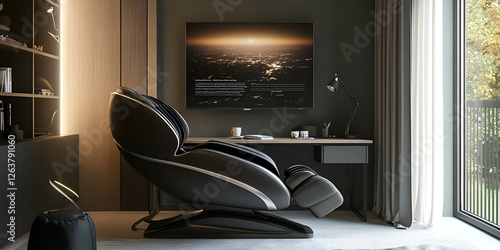 Ergonomic Desk Setup with Integrated Massage Chair and Modern Accessories photo