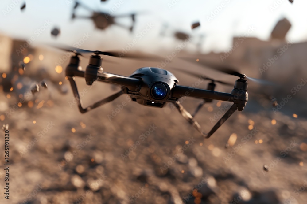 Φωτογραφία An action-packed image of a sleek black drone hovering amid swirling dust and debris, conveying a strong sense of motion, power, and technological finesse in a rugged environment