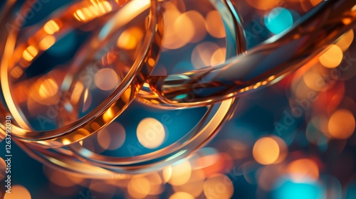 Close-up of intertwined golden rings illuminated by vibrant orange and teal bokeh lights, creating a striking and dynamic abstract composition. AI generated.