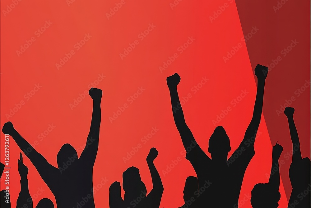 Silhouettes of protesters raising fists in unity Silhouettes of protesters raising fists in unity