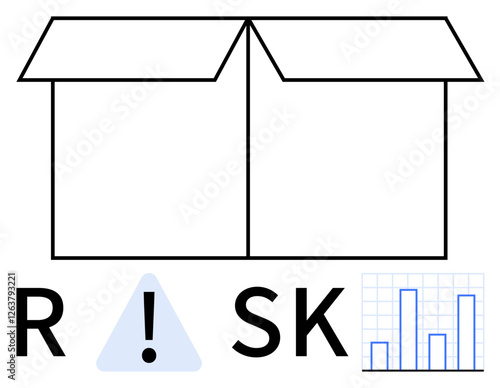 Open cardboard box with letters R,S,K, exclamation mark in triangle, bar chart graph. Ideal for financial risk assessment, business strategy, supply chain management, project planning data analysis photo