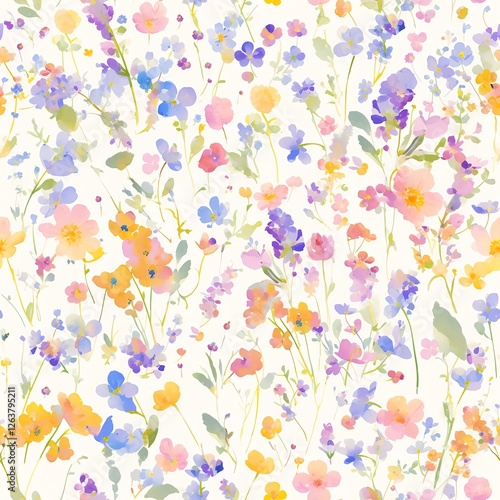 Seamless pattern of watercolor painting of colorful wildflowers for a serene garden scene