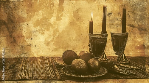 Elegant still life of a vintage table setting featuring glowing candles, ornate goblets, and a plate of fruits, evoking a warm and rustic ambiance. AI generated.
