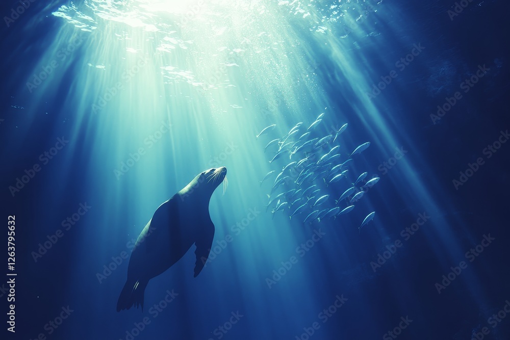 Fototapeta premium Off the coast of Baja California Sur, Mexico, in Magdalena Bay, Californian Sea Lions can be seen hunting and feeding in a bait ball