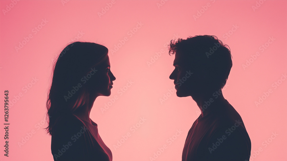 Silhouettes of a man and a woman looking at each other against a pink background Silhouettes of a man and a woman looking at each other against a pink background
