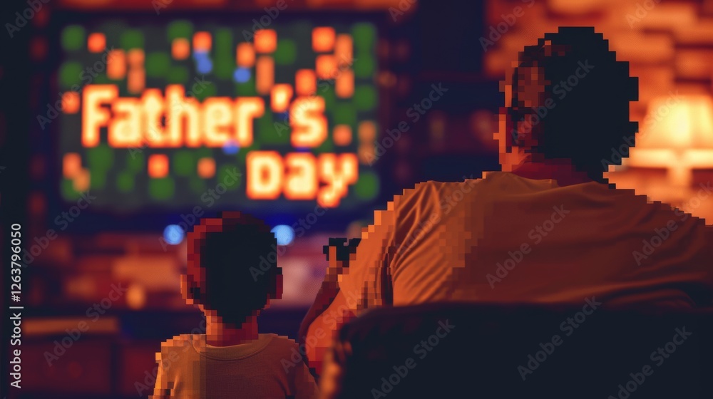 Obraz premium Pixel art depicting a father and child sitting together in a cozy room, watching a Father