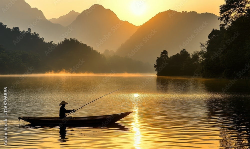 The elderly fisherman sets sail on his tiny wooden boat, witnessing the breathtaking sunrise on the serene lake The elderly fisherman sets sail on his tiny wooden boat, witnessing the breathtaking sunrise on the serene lake