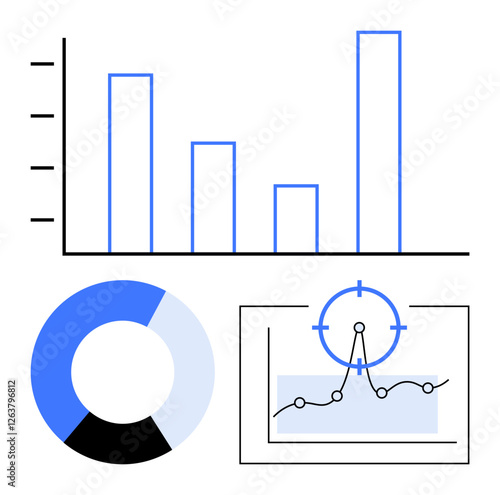 Bar graph, pie chart, and line graph with target marker conveying data analytics, tracking, and performance. Ideal for business strategy, finance, reports, growth monitoring metrics abstract line