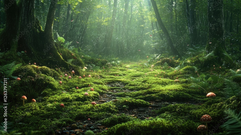Obraz premium Enchanted Forest Path: A Journey Through Moss and Mushrooms