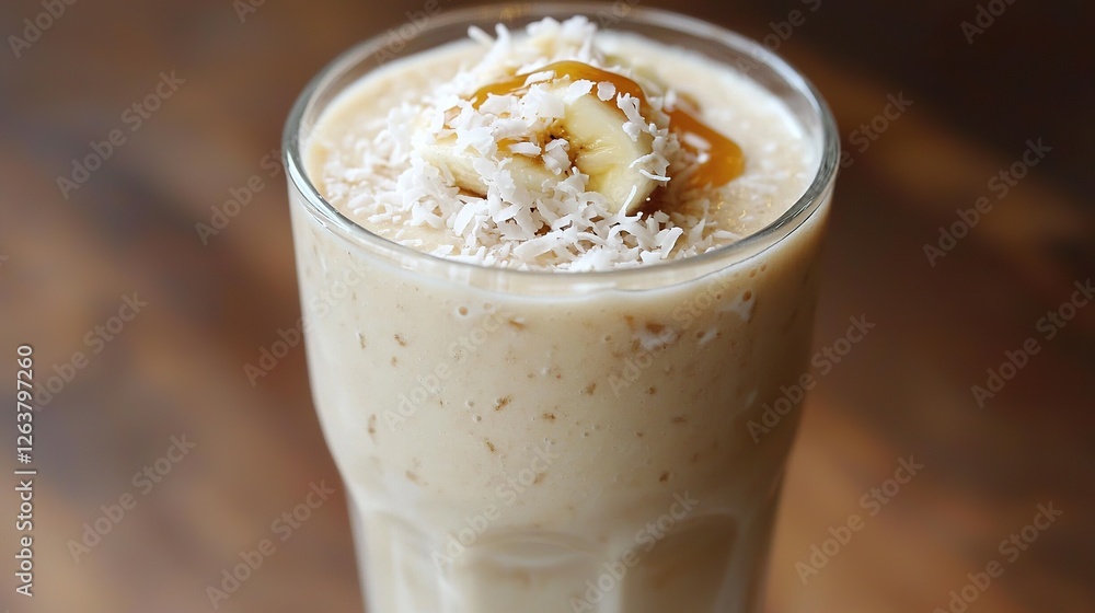 Delicious chocolate banana smoothie topped with coconut and banana slice Delicious chocolate banana smoothie topped with coconut and banana slice
