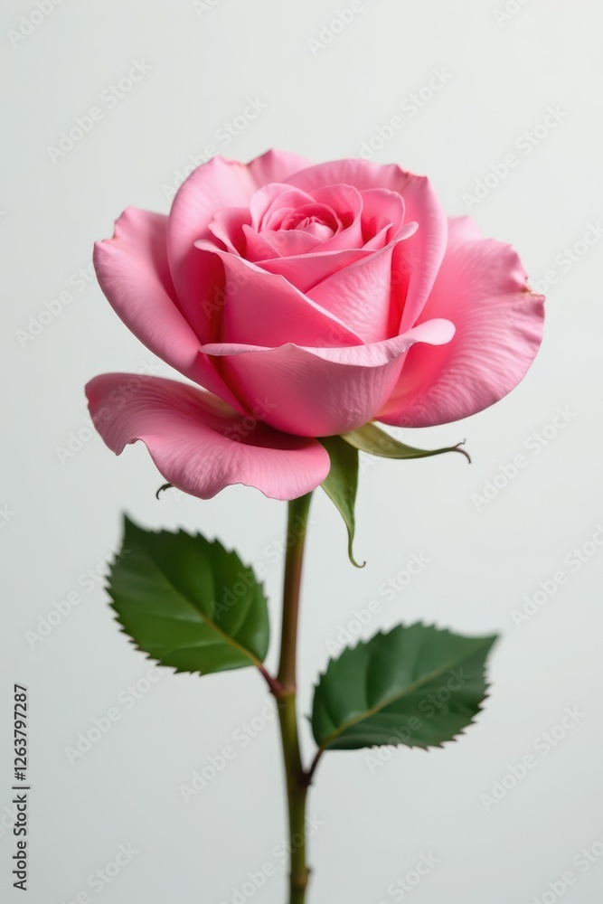 Single pink rose, petals unfurled, pristine white backdrop, photography, pure, delicate Single pink rose, petals unfurled, pristine white backdrop, photography, pure, delicate