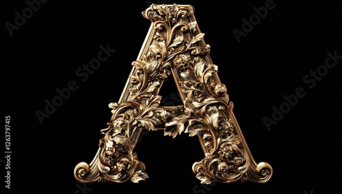 Ornate letter a rendered in gleaming gold featuring floral embellishments and regal presentation photo