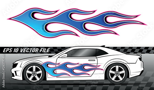 Fire flames racing electric car decal vector art graphic. Burning tire and flame sports car body side vinyl decal.