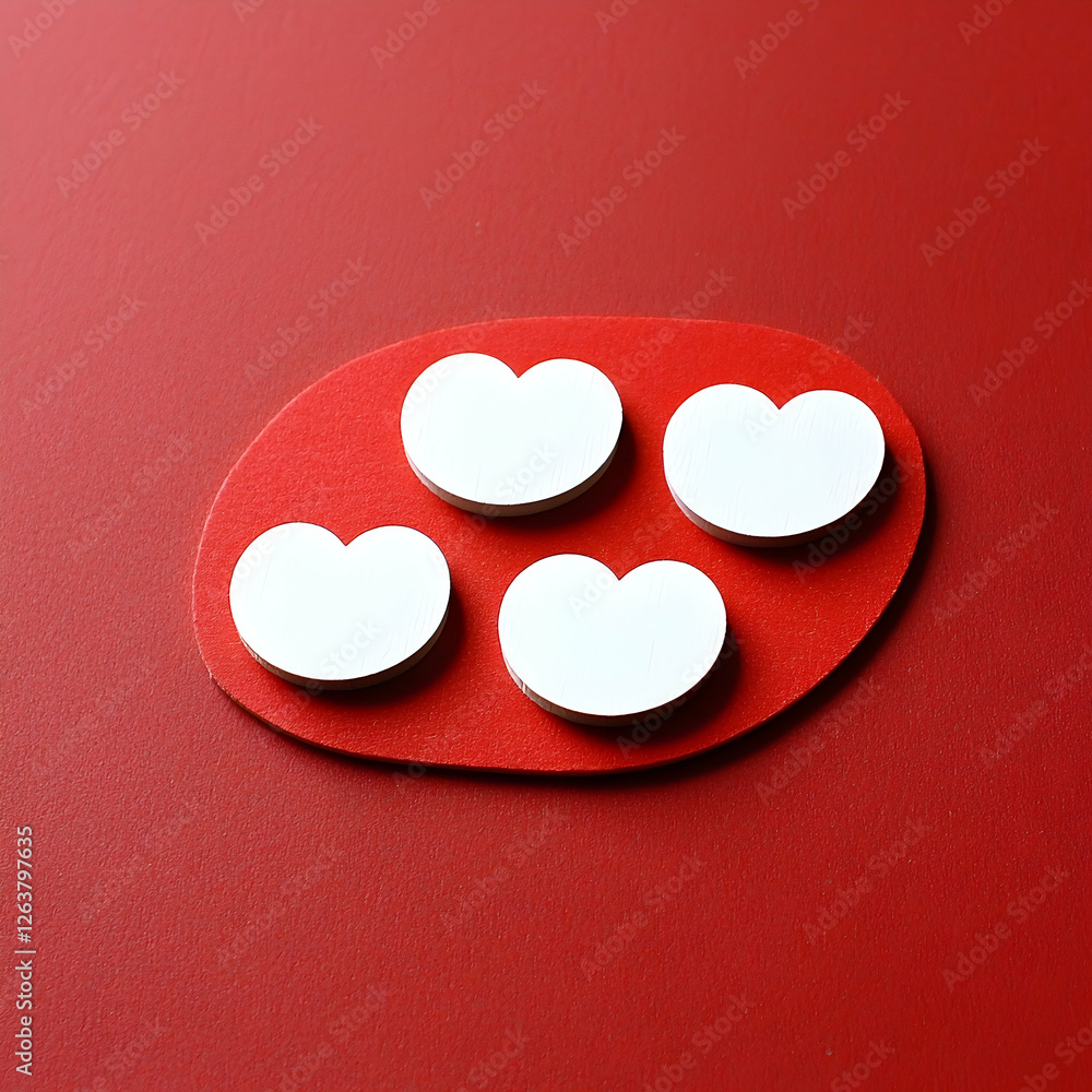 Four white hearts on red oval, red background; Valentine's Day card design Four white hearts on red oval, red background; Valentine's Day card design