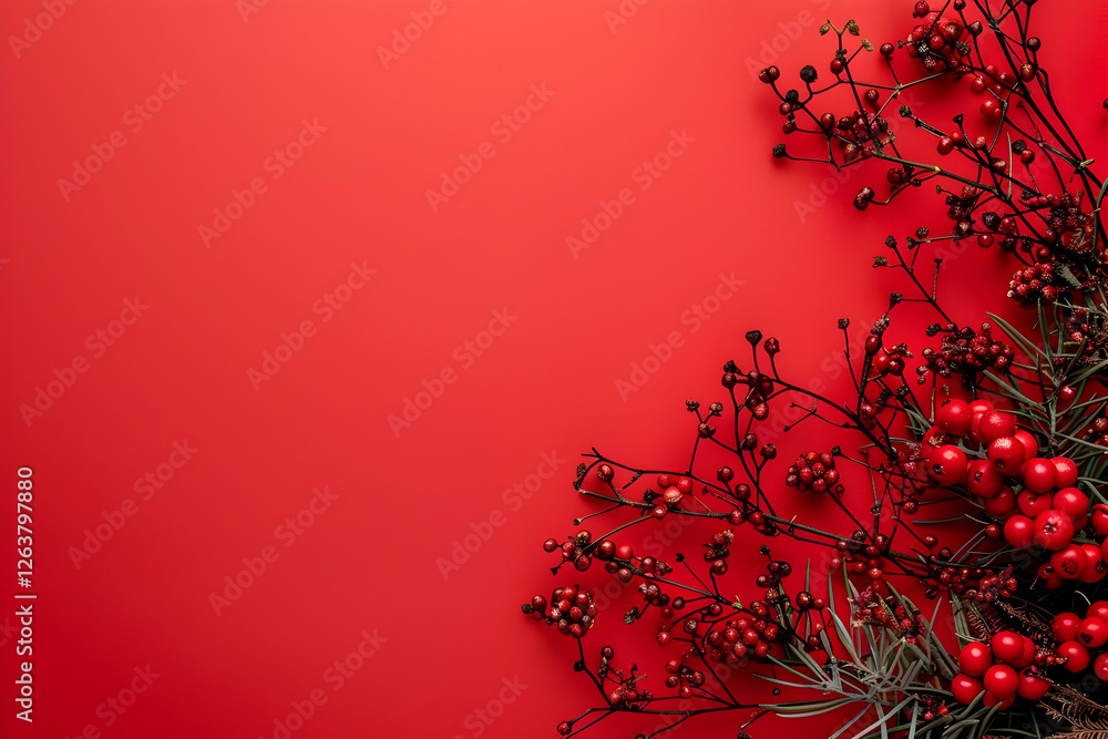 Vibrant red background adorned with seasonal berries and foliage, perfect for festive designs Vibrant red background adorned with seasonal berries and foliage, perfect for festive designs