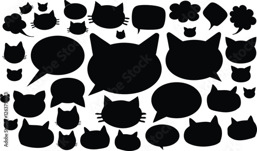 Silhouette dialogue boxes cat boxes and speech bubbles. Blank chat balloons in various shapes, including cat faces and cloud bubbles. Empty dialog balloon outlines for conversation messages set.