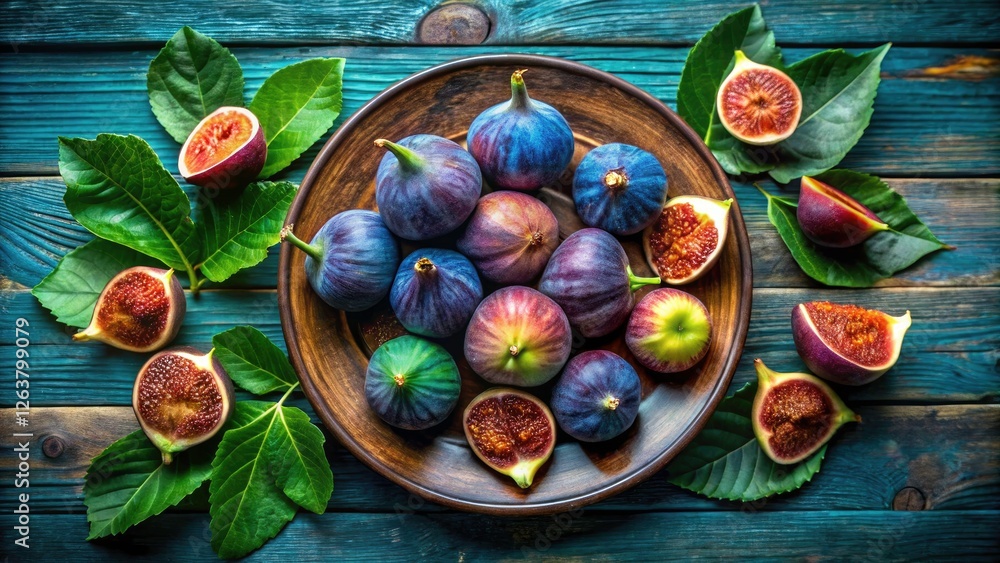 Obraz premium Aerial View Fresh Figs Blue Plate Wooden Background Summer Fruit Photography