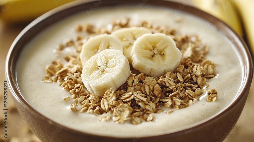 Delicious bowl of oatmeal topped with sliced bananas and granola on a wooden table