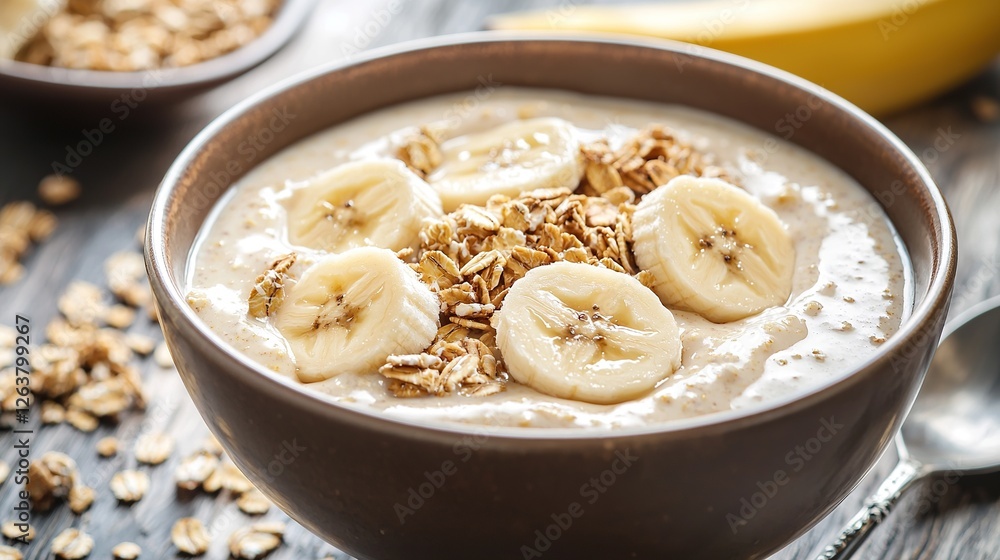 Delicious bowl of oatmeal topped with sliced bananas and granola on a wooden table Delicious bowl of oatmeal topped with sliced bananas and granola on a wooden table