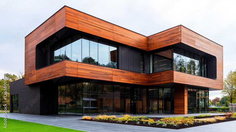 Modern wooden office building exterior with glass facade Modern wooden office building exterior with glass facade