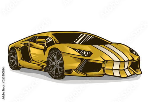 A yellow supercar with white stripes is shown in a cartoon style