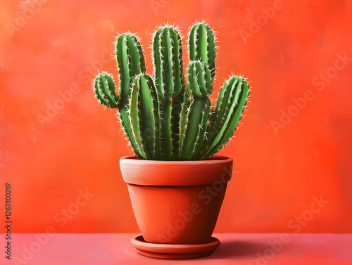 Cactus Plant in Terracotta Pot against Orange Background photo