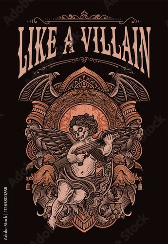 illustration of a cupid angel with wings holding a rifle, blending classical art with modern rebellious themes with engraving ornament frame.
