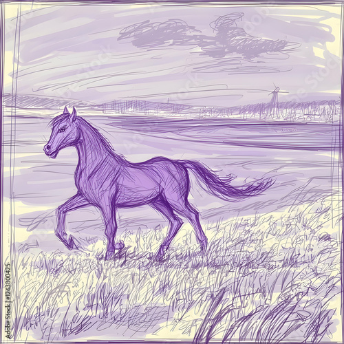 Purple horse walking in field, tranquil landscape background; ideal for children's book illustrations photo