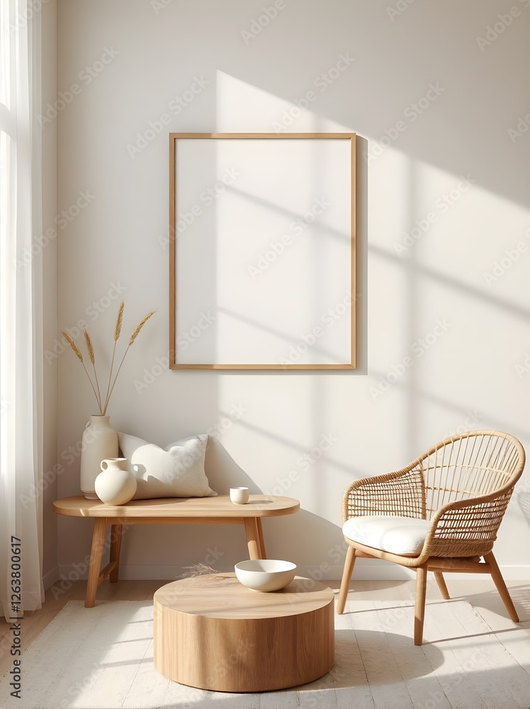 minimalist japandi interior with empty frame mockup, neutral wooden decor, soft warm beige walls, cozy linen textiles, organic wabi-sabi charm, soft lighting minimalist japandi interior with empty frame mockup, neutral wooden decor, soft warm beige walls, cozy linen textiles, organic wabi-sabi charm, soft lighting