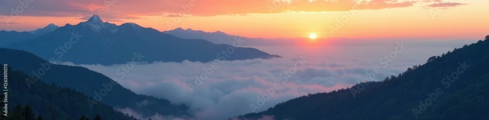 A mountain range at sunrise with mist and fog, mountain scenery, nature, landscape A mountain range at sunrise with mist and fog, mountain scenery, nature, landscape