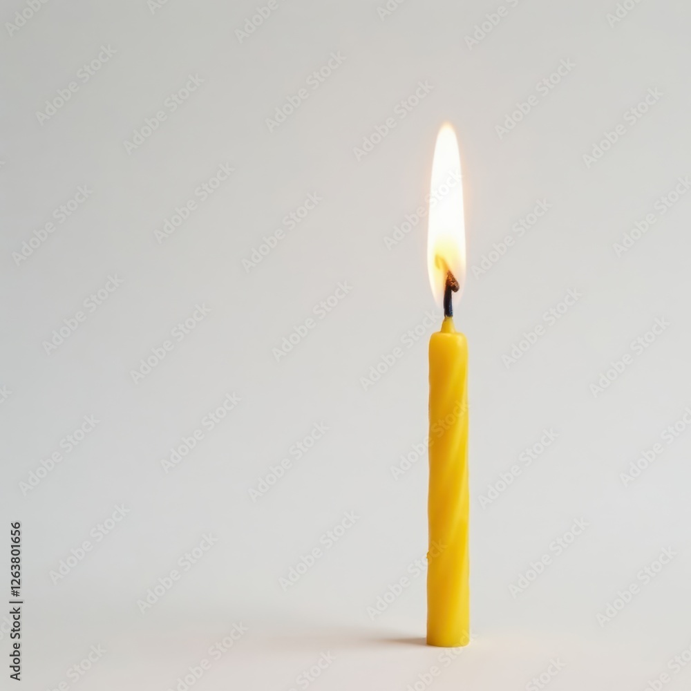 Close-up of single burning birthday candle, white background , isolated, illumination, candle Close-up of single burning birthday candle, white background , isolated, illumination, candle