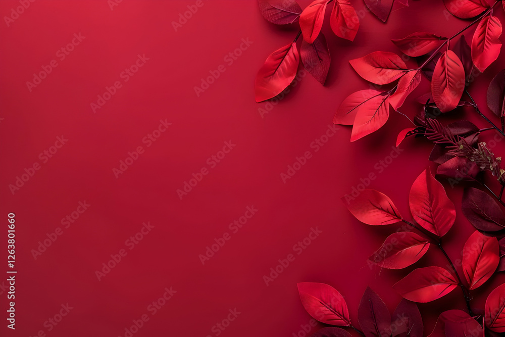 Vibrant red background adorned with lush red leaves, creating a striking visual contrast for design Vibrant red background adorned with lush red leaves, creating a striking visual contrast for design