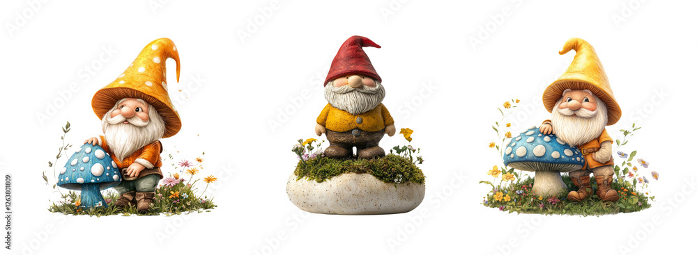 Fototapeta premium Cheerful Gnomes with Mushrooms on Transparent Background