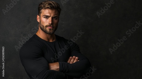 muscular man in a black long-sleeve t-shirt, posing with his arms crossed and looking at the camera against a grey background