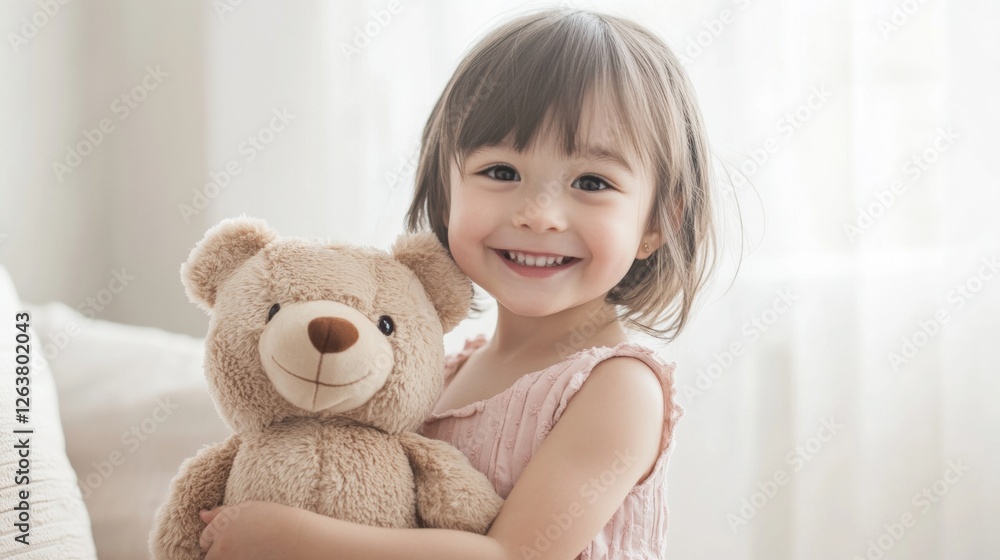 Young girl in a dress holding a teddy bear | smiling, joy, happiness Young girl in a dress holding a teddy bear | smiling, joy, happiness